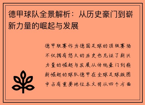 德甲球队全景解析：从历史豪门到崭新力量的崛起与发展
